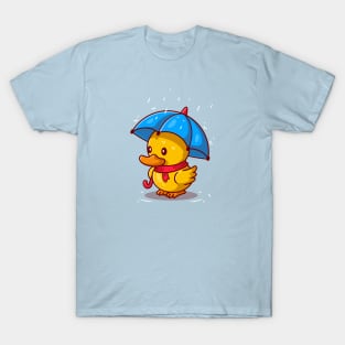 Cute Duck With Umbrella In the Rain Cartoon T-Shirt